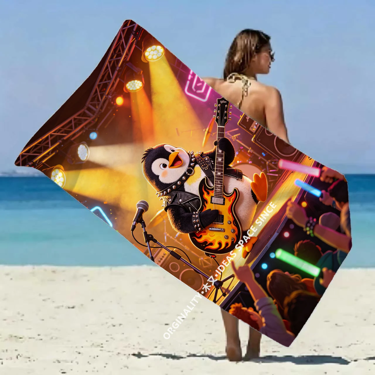 Rock Penguin Concert Beach Towel Patterned Sunscreen And Windproof Suitable For Swimming Pool Camping Travel