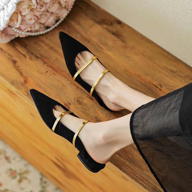 PYUXD 2024 New Women Low Heel Split Leather Flat Slides Ladies Outdoor Pointed Toe Mixed Colors Casual Slippers Zapatillas Mujer