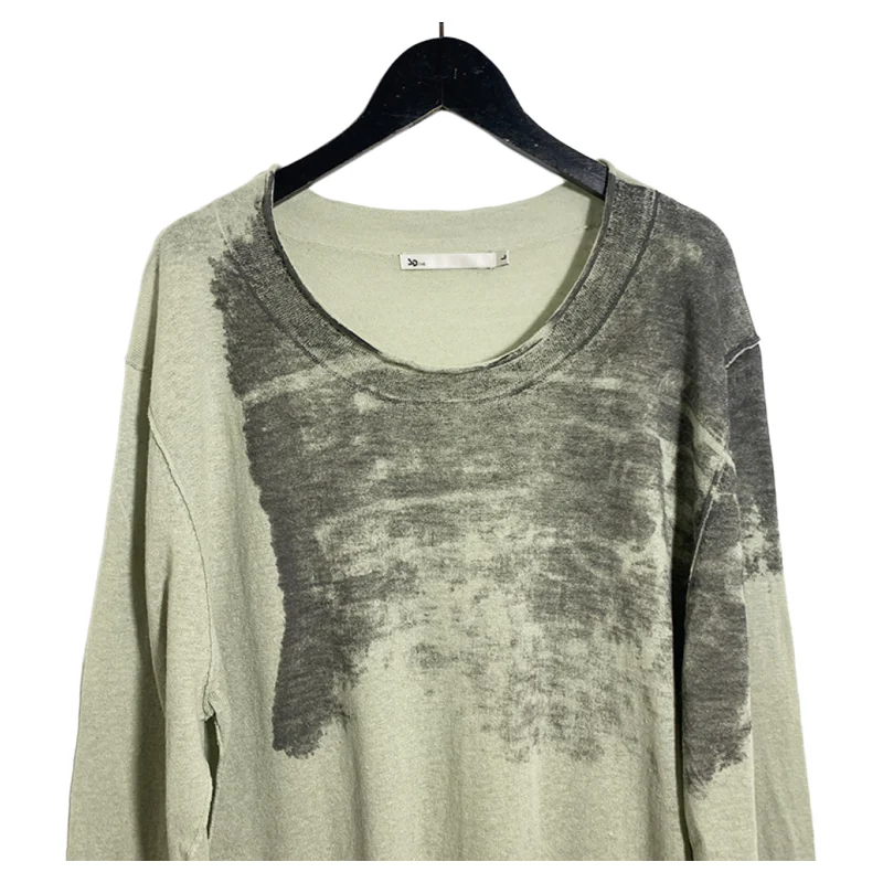 メンズニット綿麻混紡カジュアルトップ、ロールエッジリバースステッチ、快適で通気性のある長袖ラウンドネック