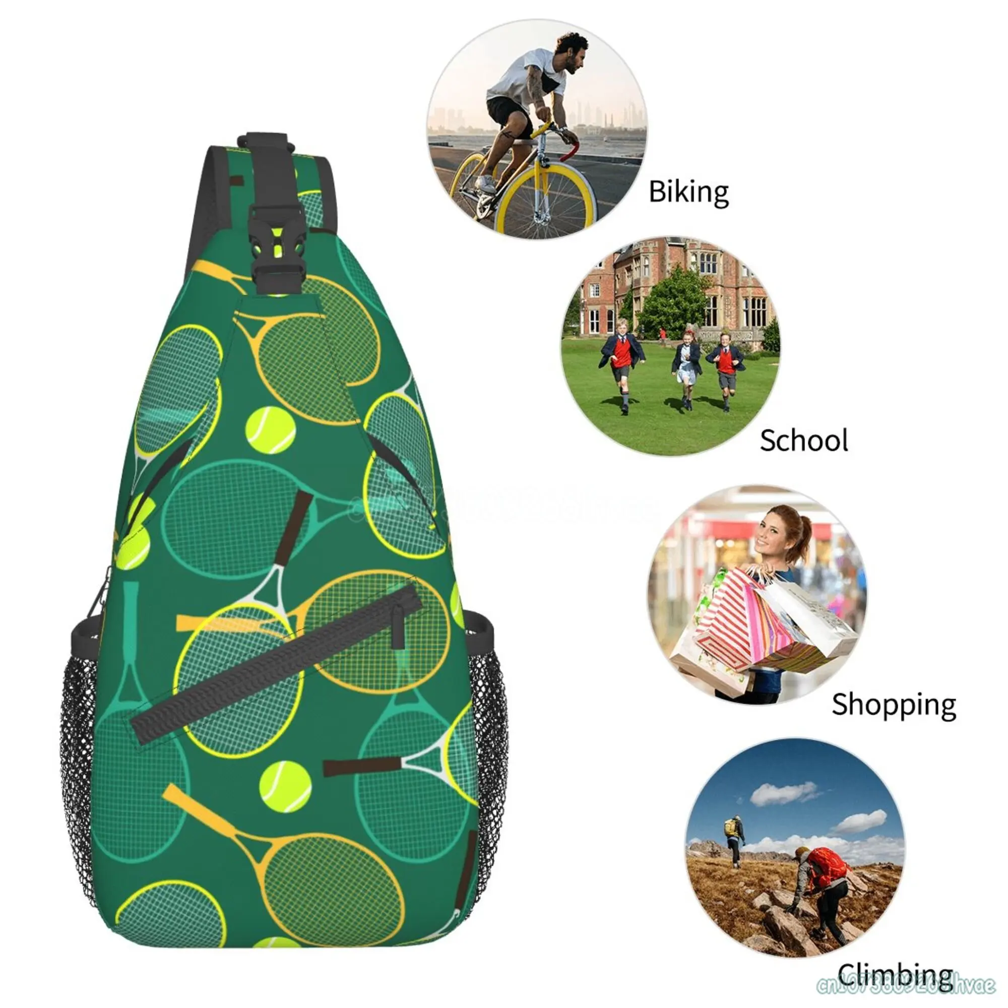 Racchette da Tennis e palline stampa zaino a tracolla per esterni borsa a tracolla a tracolla Daypack per escursionismo viaggio borsa a tracolla Unisex Daypack