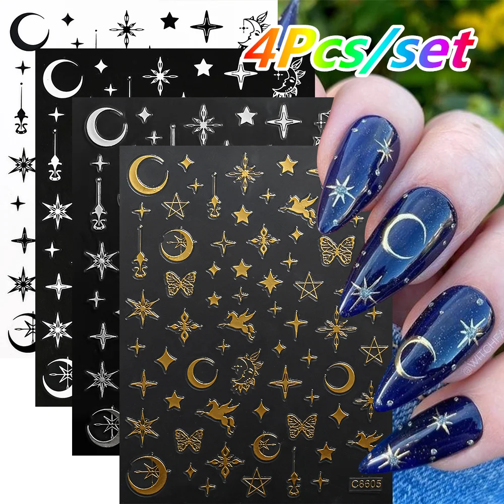 4 Blatt/Set Römischer Buchstabe Nagelaufkleber 3D Laser Gold/Silber/Schwarz/Weiß Buchstaben Nagelaufkleber DIY Altes Alphabet Maniküre Slider NK*4