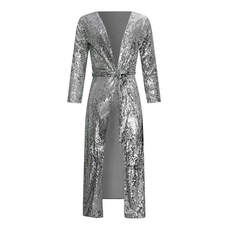 Moda argento paillettes Cardigan lungo elegante Casual donna giacca e cintura punto aperto Feminino Ouro Lantejo primavera nuovo