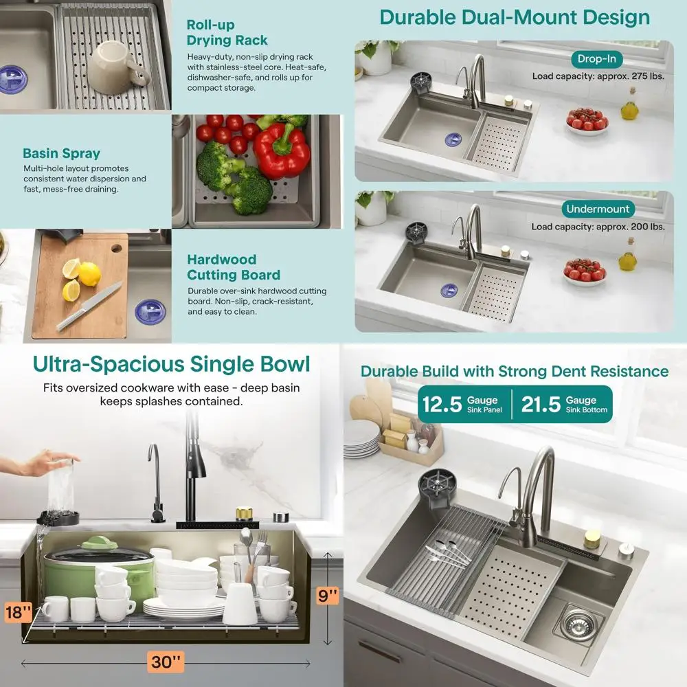 

Gray 30 x 18 x 9 Undermount/Drop-In Stainless Steel Kitchen Sink with Accessories