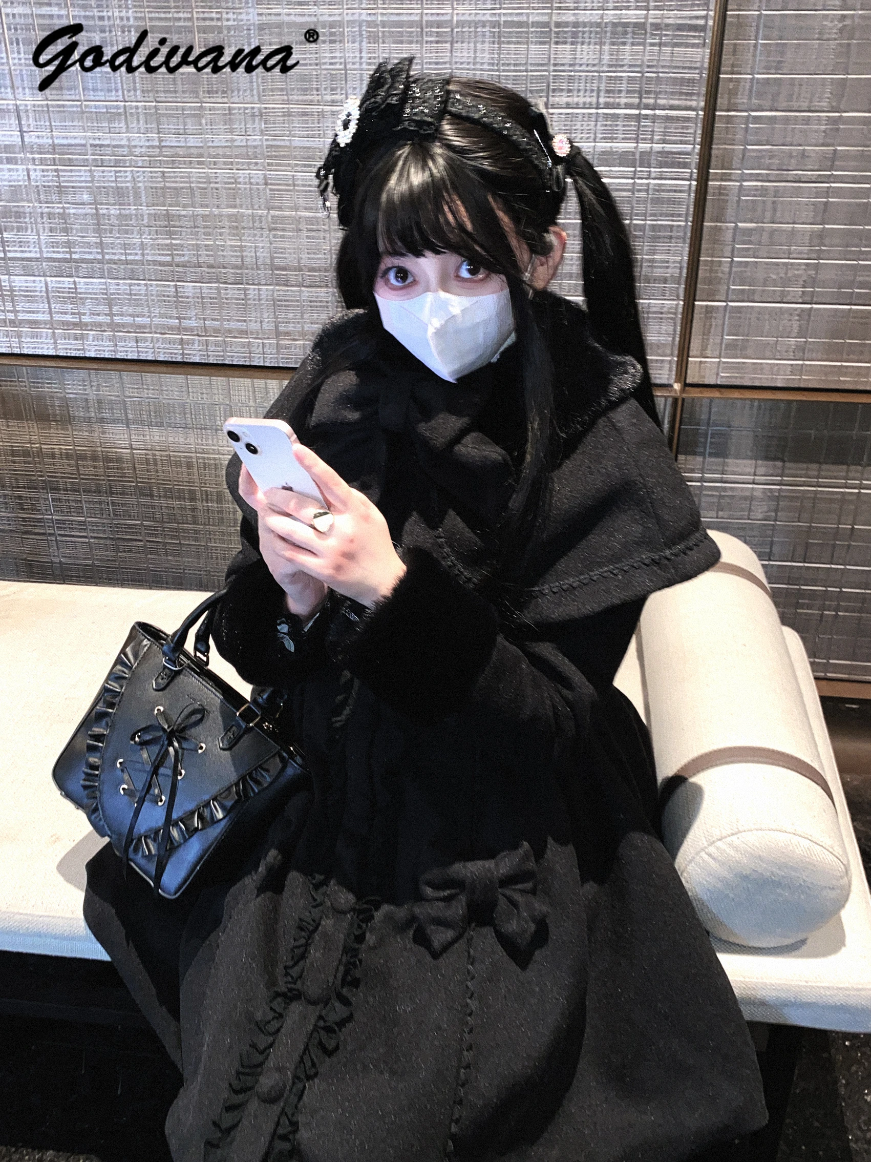 เสื้อคลุมขนสัตว์แบบถอดได้สำหรับผู้หญิงและเด็กผู้หญิง สไตล์หวาน ประดับโบว์ ทรงเข้ารูป กระดุมแถวเดียว สไตล์โลลิต้า สำหรับฤดูใบไม้ร่วงและฤดูหนาว