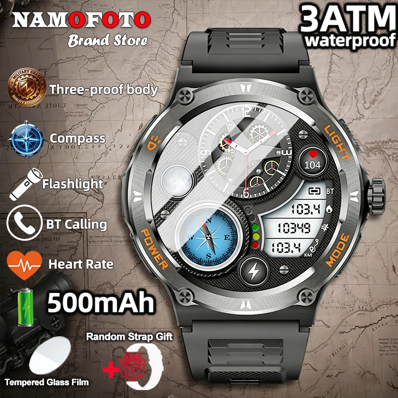 

2026 New Smart Watch Men Outdoor Sport Compass 3ATM Waterproof Strong Flashlight Wristwatch 500mAh BT Call Heart Rate Smartwatch