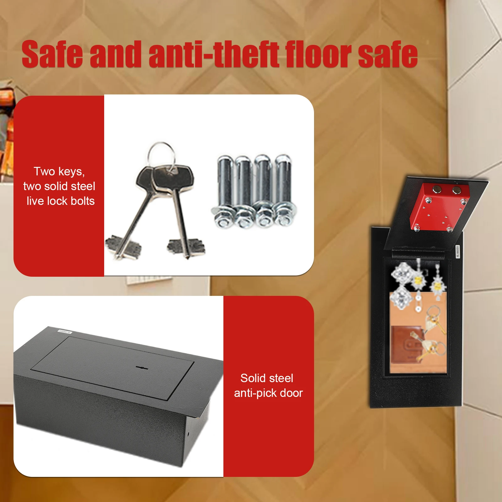 Image of Unterflur-Bodensafe aus Stahlplatte zur Aufbewahrung von Schmuck und zur Sicherheit im Haushalt, Installiert auf Stützbalken unter dem Boden. Ein Unterflur-Bodensafe aus Stahlplatte, der auf den