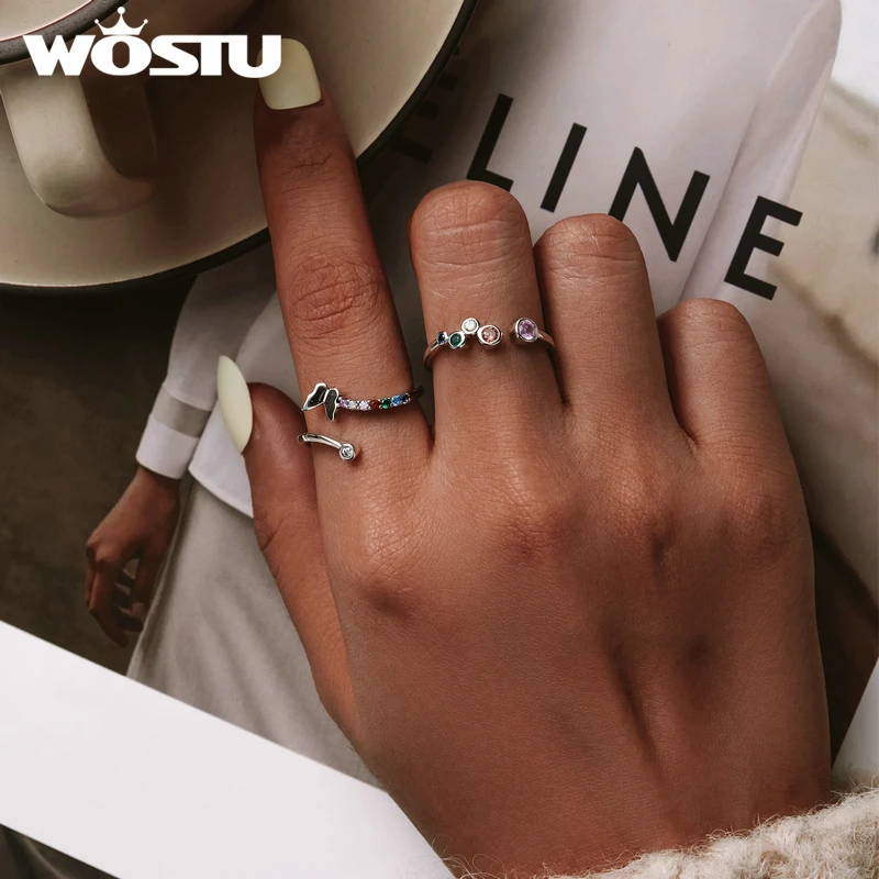 WOSTU 925 Sterling Silver Colorful Bubbles Original Ring Adjustable Size Rings Finger For Women Elegant Silver Jewelry CTR149