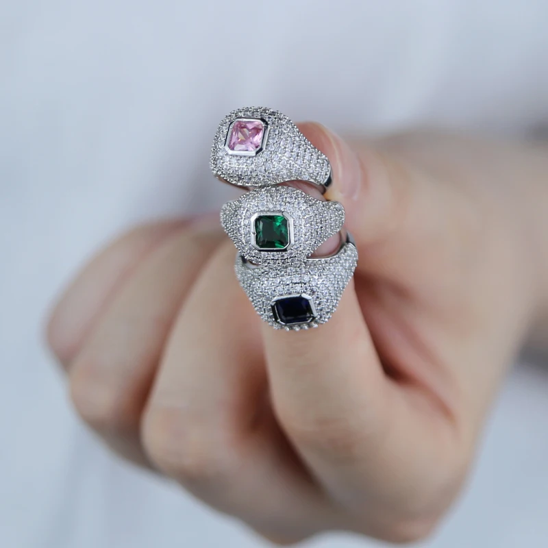 AAA Cubic Zirconia Tail Rings for Women Green Blue Pink Stones Silver Color 2023 Fashion Jewelry for Party Anillos Mujer