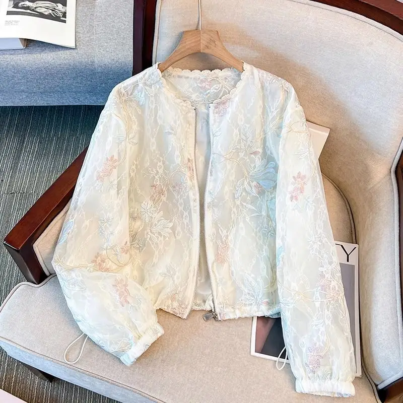

2025 Spring Women Lace Patchwork O Neck Beige Cardigan Coat Jacket , Woman Clothing Casual Floral Coats Jackets