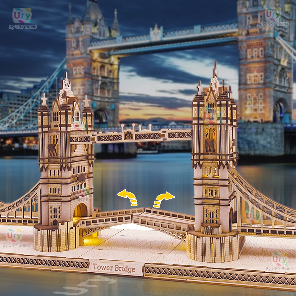 Ury 3D Wooden Puzzle England London Tower Bridge with Light LED Retro Assembly Souvenir Kits for Adult DIY Model Decoration Gift