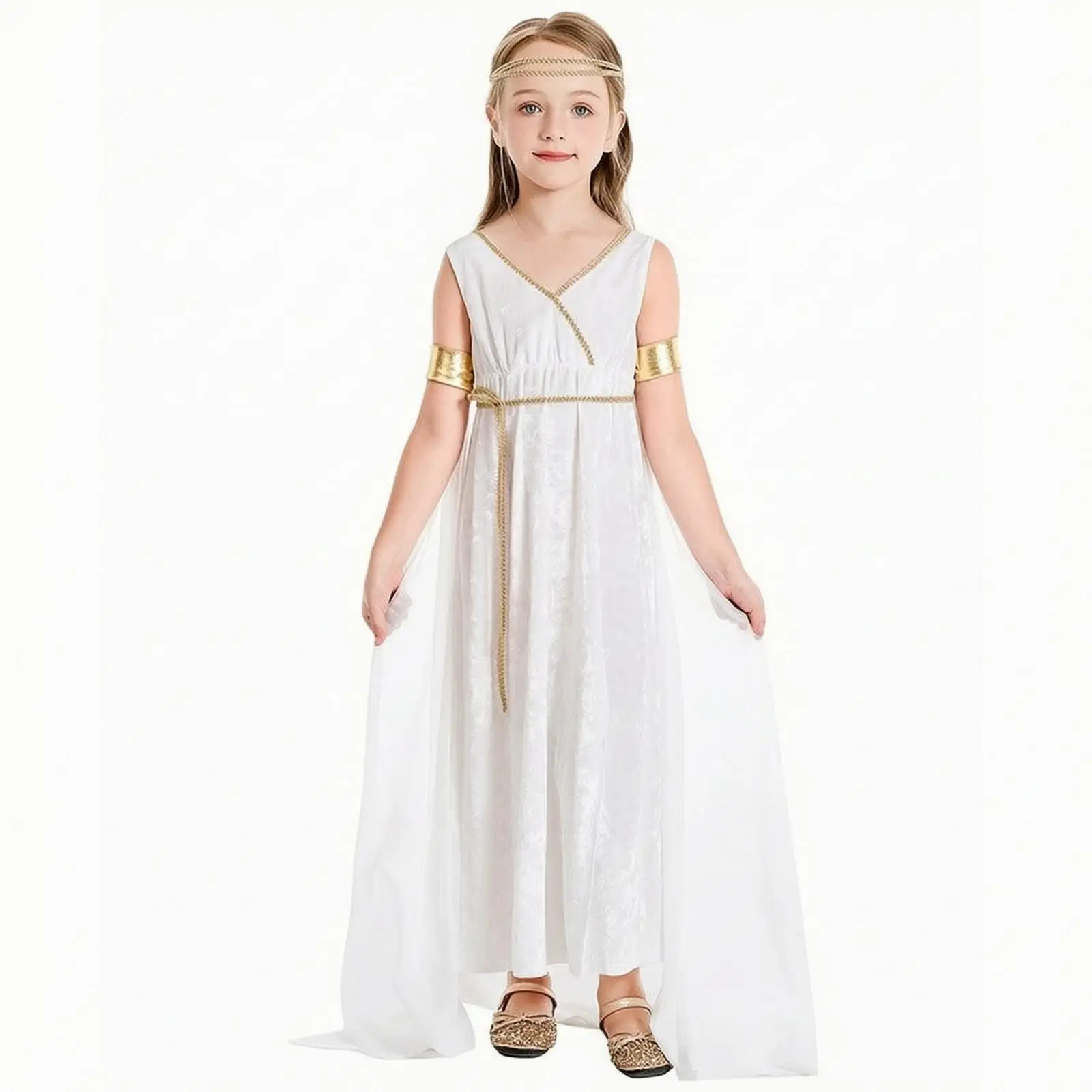 Cascading Greek Deity Costume | Elegant Gold Trim Accents, Lightweight Polyester Fabric, Toga Dress with Cape, for Halloween