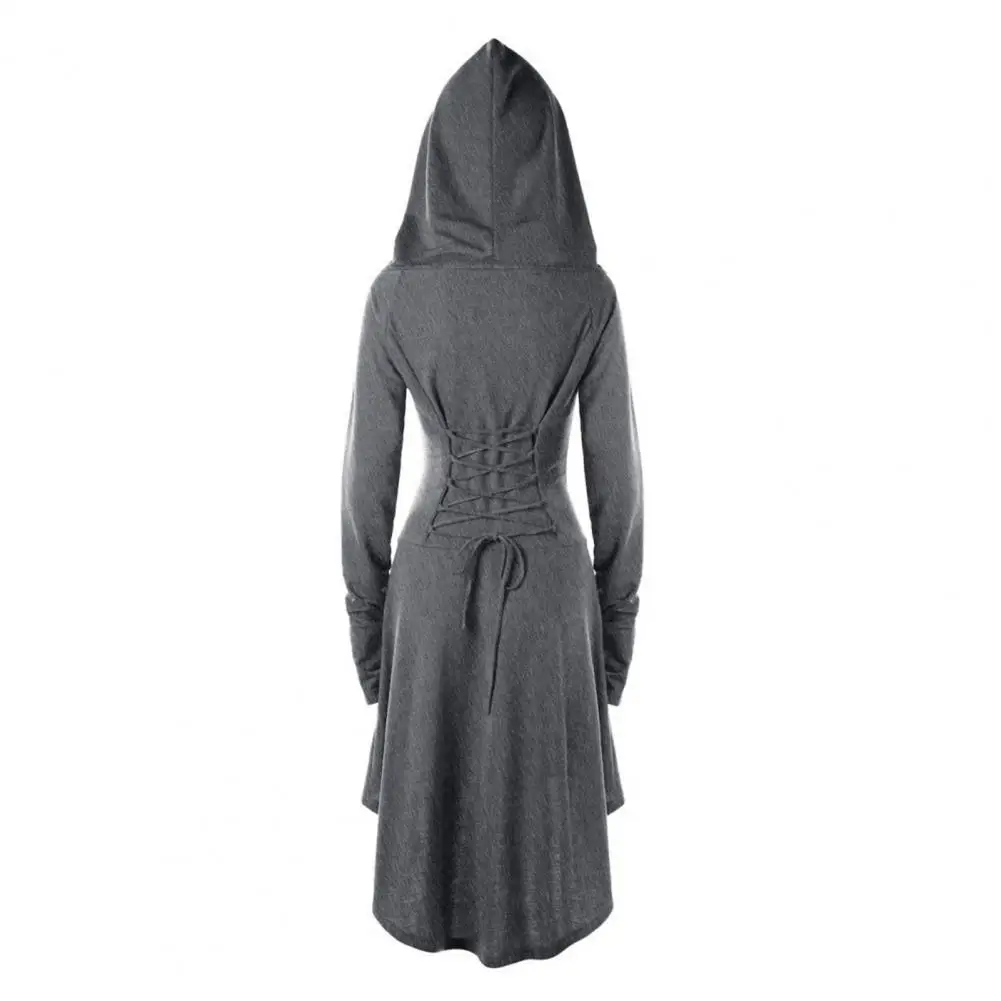 Women Hooded Halloween Dress Gothic Solid Color Lace-up Strap Festival Dress Irregular Hem Long Sleeves Cosplay Dress For Party