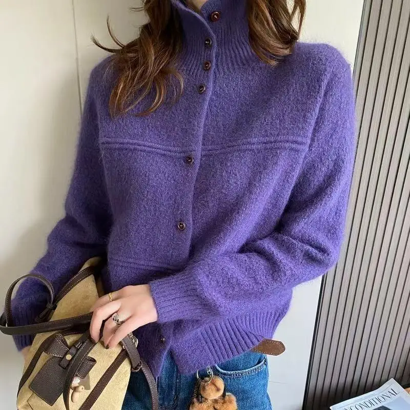 

New Women's Sweaters Girl Knitwear Lazy Stand Collar Solid Color Knit Cardigan Autumn Winter Fashion Sweater Coat Tops Ladies