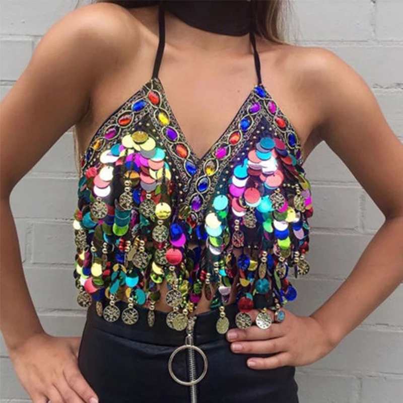 Reggiseno con paillettes Halter Top danza del ventre Boho Festival Top Clubbing reggiseno tribale BH Top Bellydance paillettes reggiseno con perline