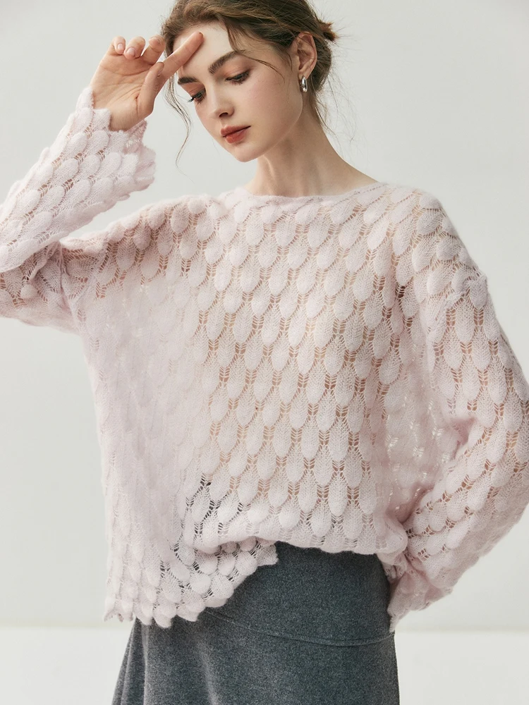 CHICUU High Quality Women Hollow Knit Slash Collar Pullover 100% Cashmere Sweater Spring Autumn Grace Loose Style Clothes - Detail 1