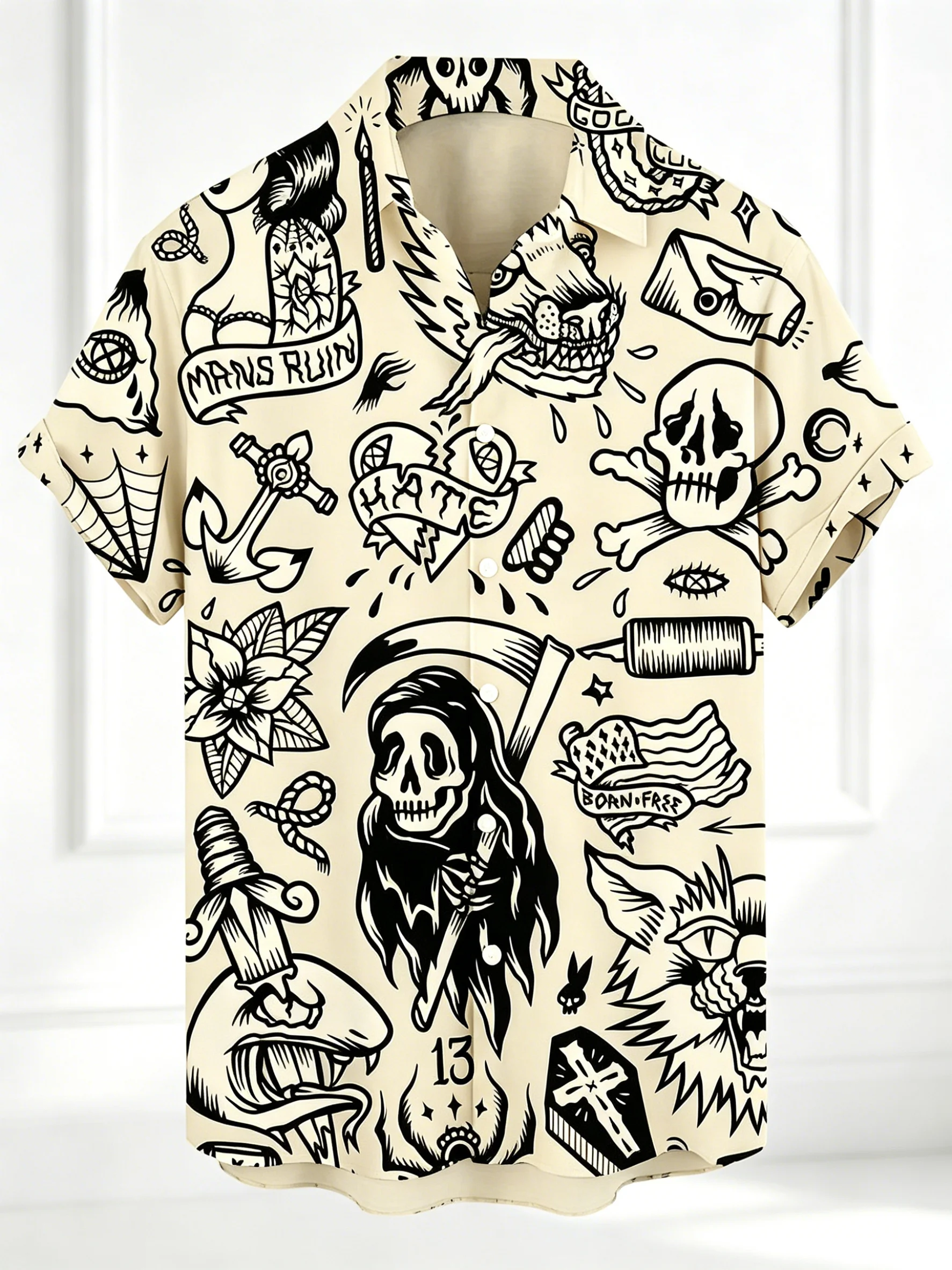 

Men's Beige Retro Tattoo Art Print Button Up Shirt, Cuban Camp Collar Tops for Spring Summer Streetwear Casual Daily Wear