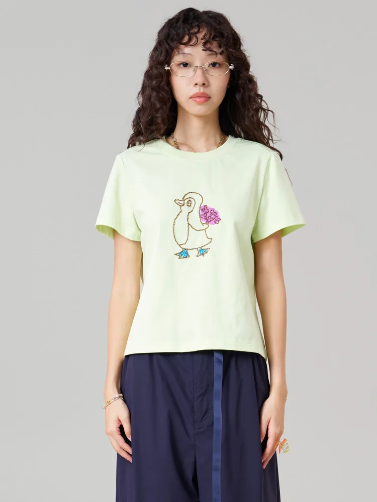 MOVEUP Short Sleeved Round Neck T-shirt 2026 Summer New Cartoon Penguin Floral Embroidered Casual Loose Top For Women 3ELX10572