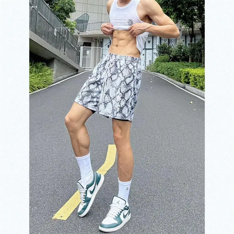 American Style Basketball Shorts Men's Summer Moisture Wicking Quick Dry Breathable Snake Texture Sports Shorts