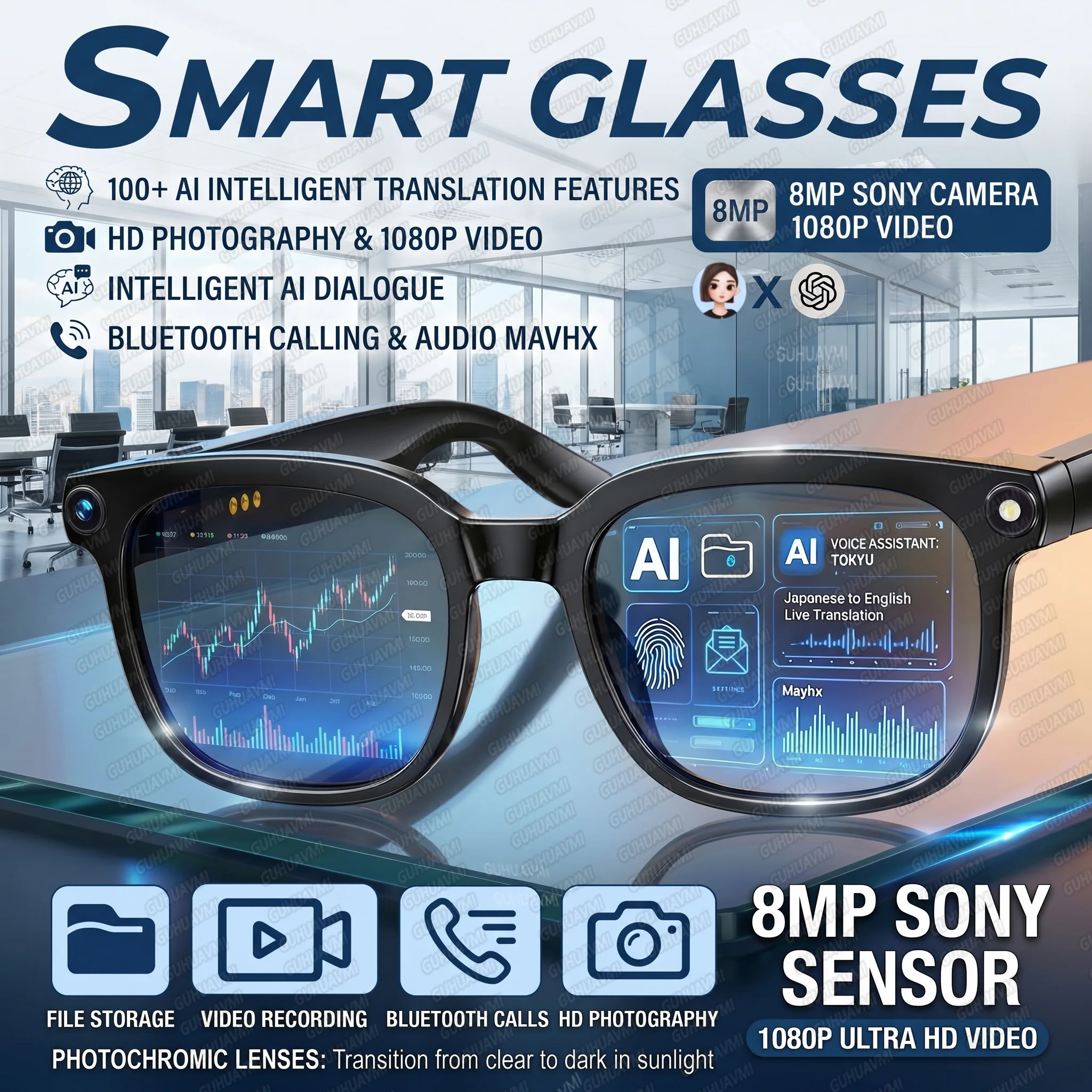 2026 8MP POV Smart Glasses Men HD Camera 150+Language Translation ChatGPT Music Video Recording Bluetooth Call Audio Sunglasses