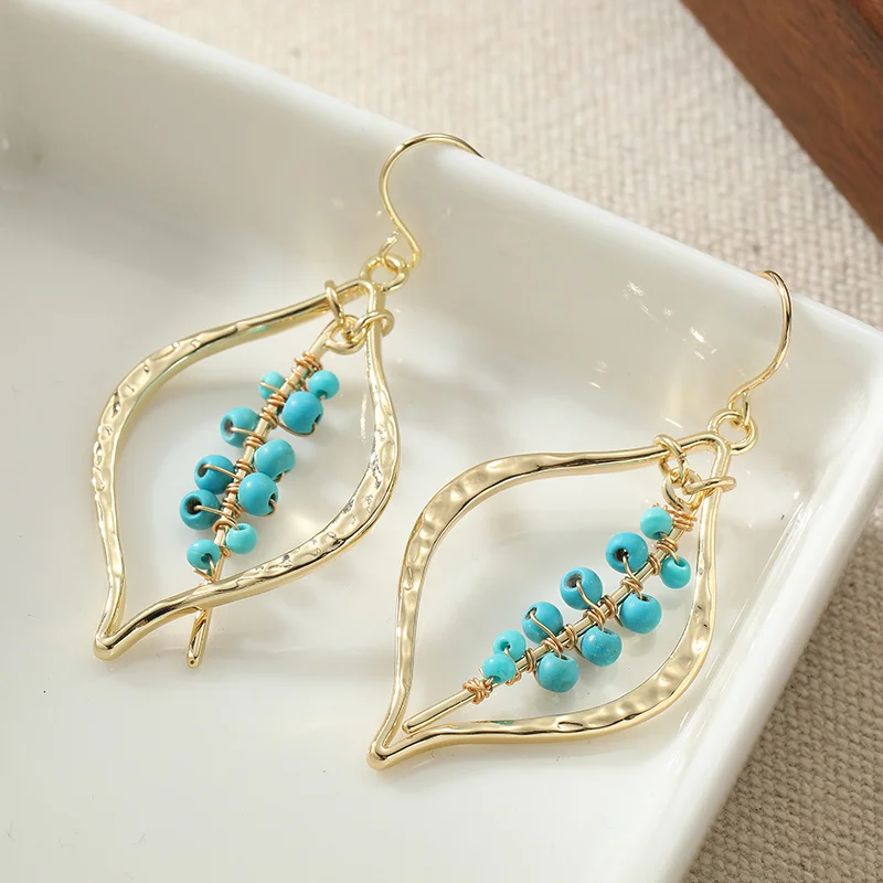 Ladies' Hammer Patterned Hollow Frame Earrings Inlay Synthetic Turquoise Beads Golden Color Earrings Daily Fashion Jewelry