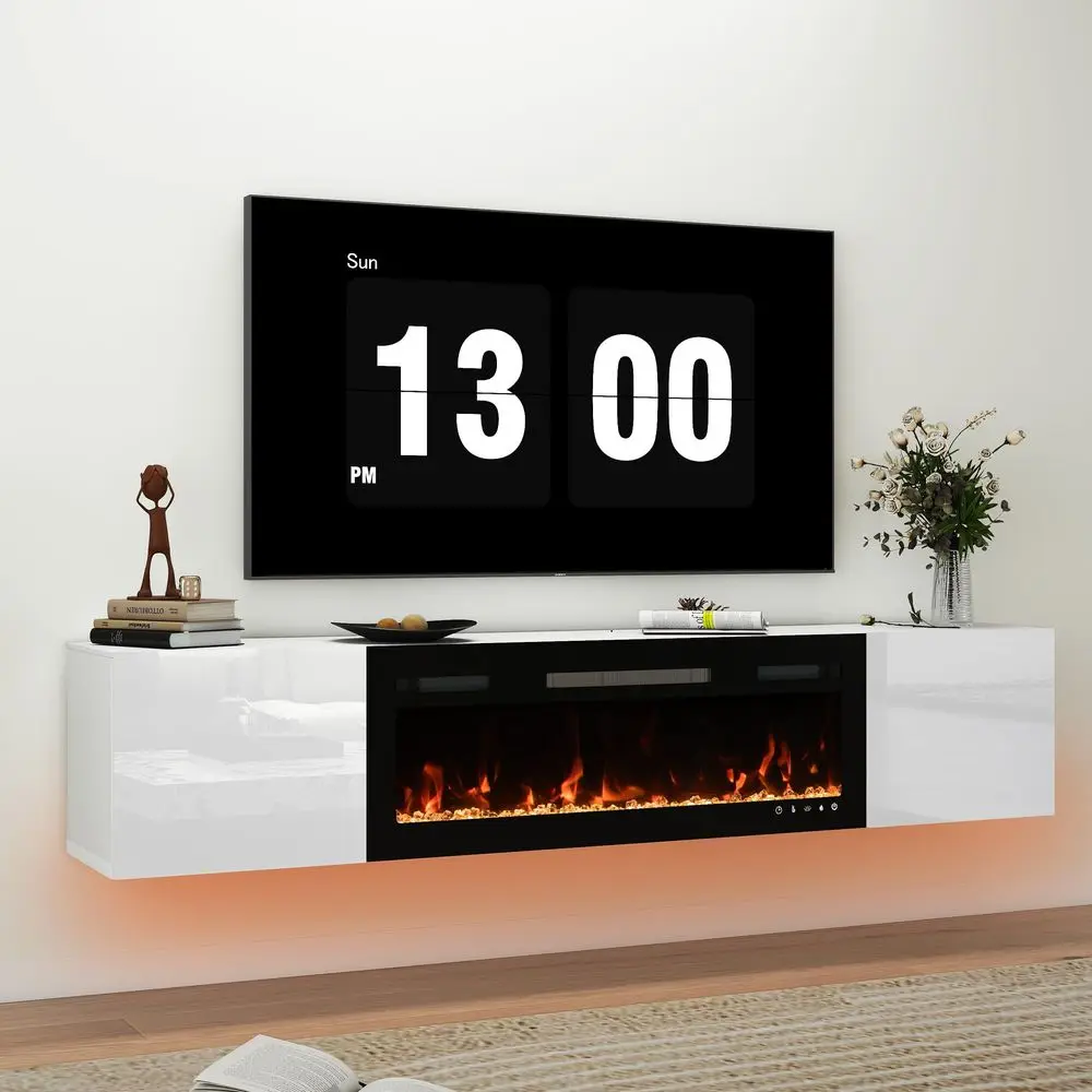 

80 Floating TV Stand with 40 Electric Fireplace, Wall Mounted Entertainment Center with Storage, Remote Control, Modern LED Lig