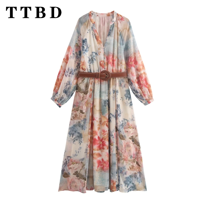 

TTBD 2024 New Autumn Women's Luxury Bohemian Floral Print Chiffon Dress with Sashes Temperament Single Breasted Fashion Outfit