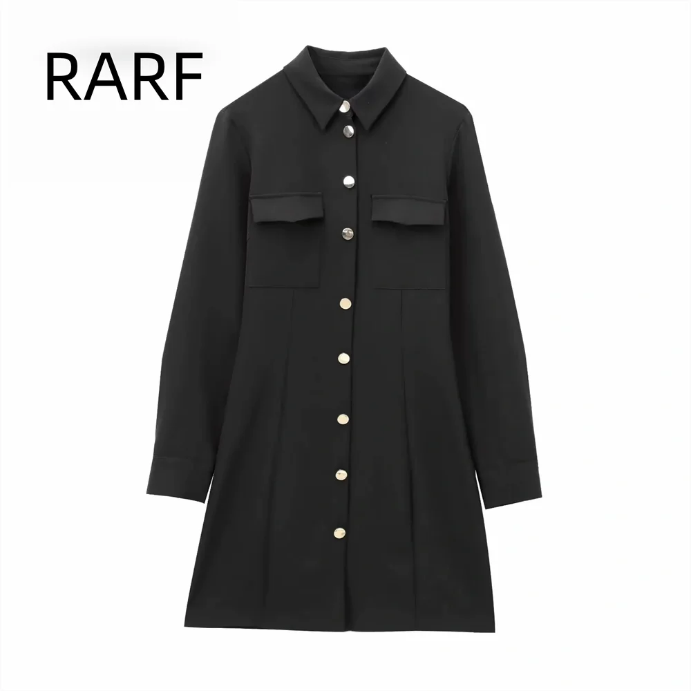 

2024 Autumn and winter new women's lapel long sleeved single breasted slim crepe short skirt mini dress