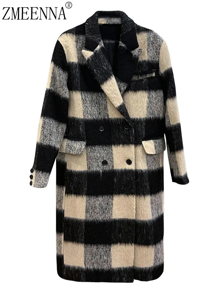 ZMEENNA Plaid Thin Causal Long Woolen Coat Loose Fit New Lapel Long Sleeve Women Jacket Fashion Tide Autumn Winter 2024 ZM265