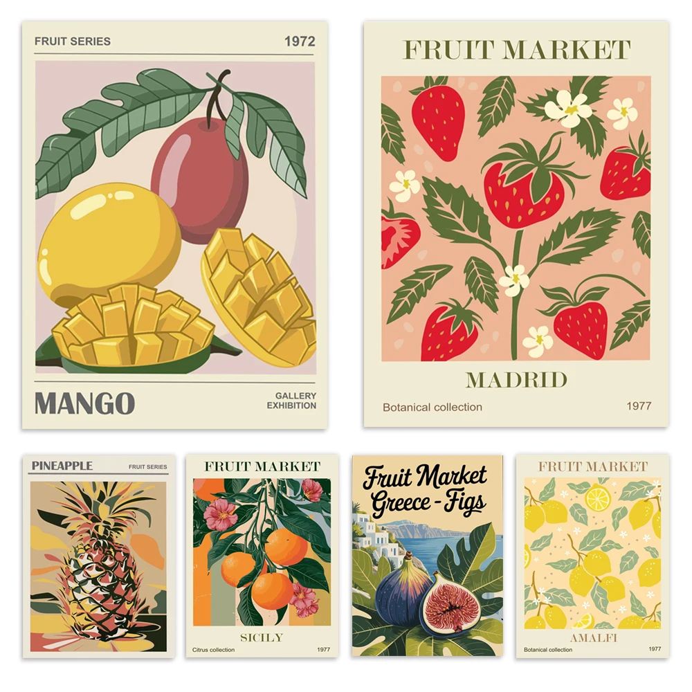 Retro fruit market posters featuring botanical art of peaches, strawberries, mangoes, pineapples, lemons, figs, and beaches.