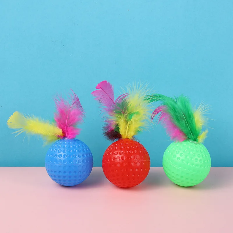 Pelota de Golf de plástico con plumas para gato, juguete interactivo, suministros para mascotas, 10 unidades