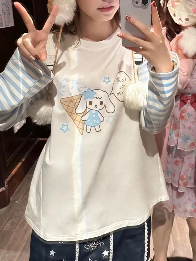 เสื้อยืดผู้หญิง HOUZHOU สีขาวน่ารักสไตล์ Juminocore ลายทางสีฟ้า แขนยาว สไตล์ญี่ปุ่นฮาราจูกุ ทรงโอเวอร์ไซส์ แนวหวานน่ารัก