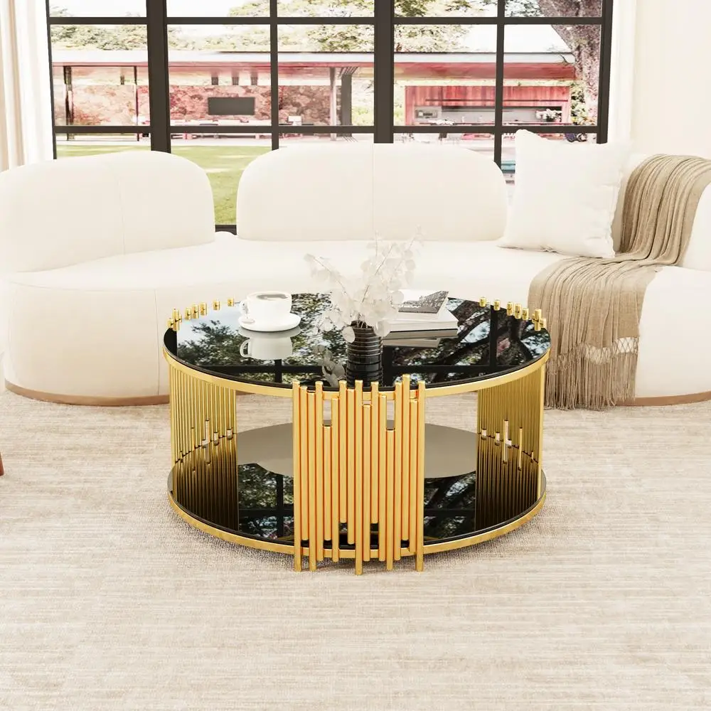 

Modern Minimalist Gold Stainless Steel Round Coffee Table Black Tempered Glass Top Luxury Light Living Room Accent Table