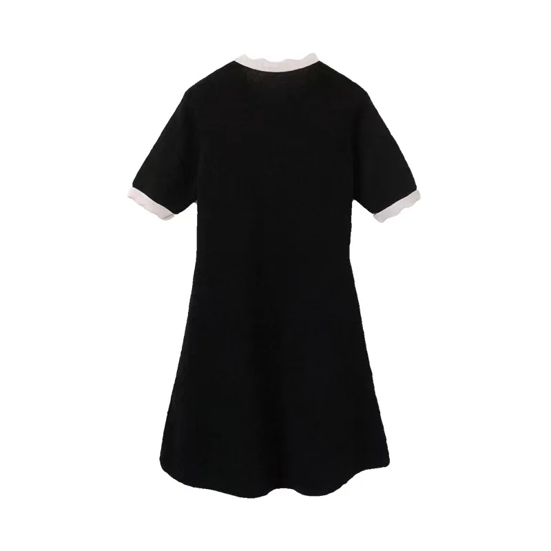 

Black Knitted Dress 2024 Early Spring Women's New French Elegant Small Fragrance Style Contrast Color Round Neck Short Sleeve