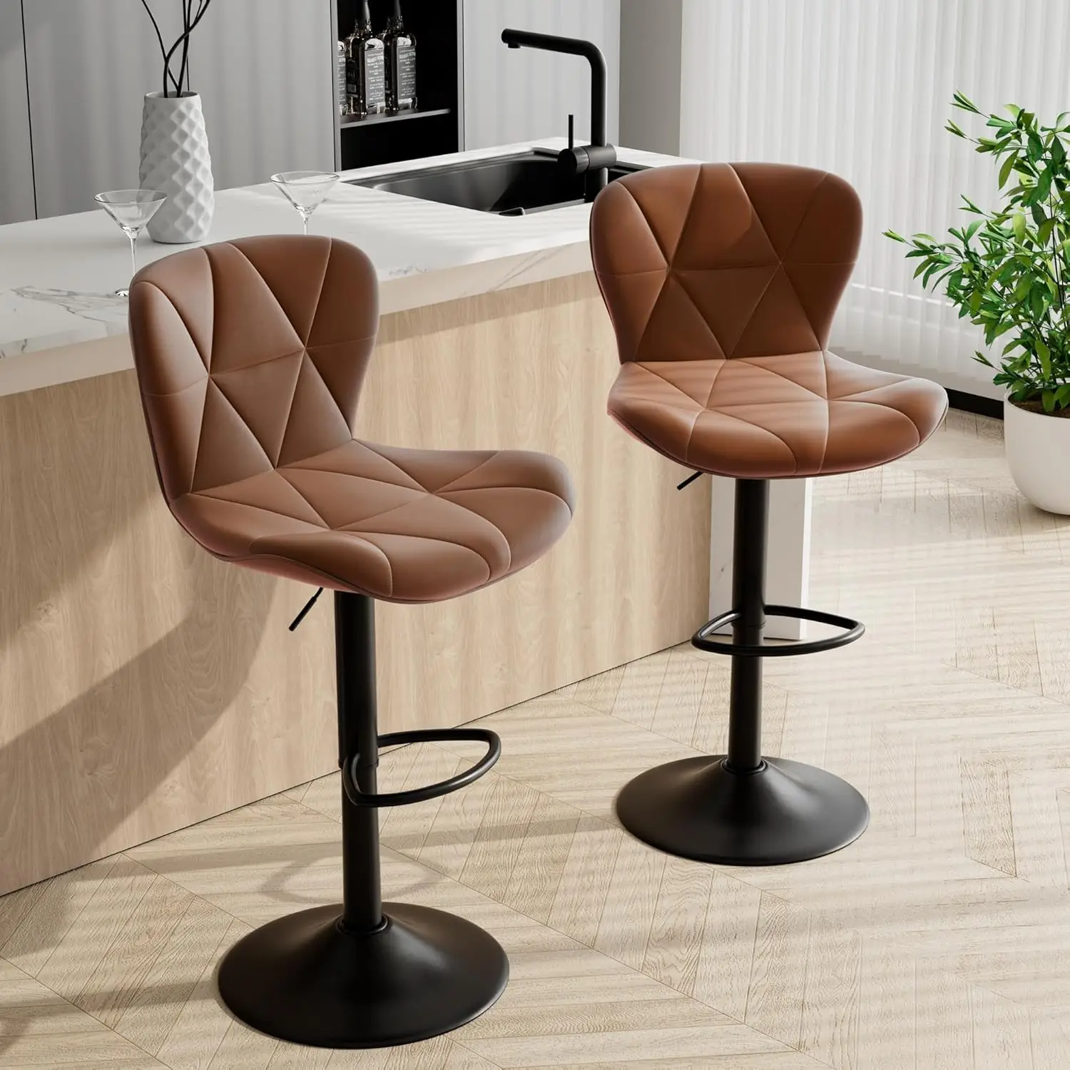 Bar Stools Set of 2,Adjustable Swivel Barstools, Faux Leather Bar Chairs,Upholstered Counter Height with High Backrest