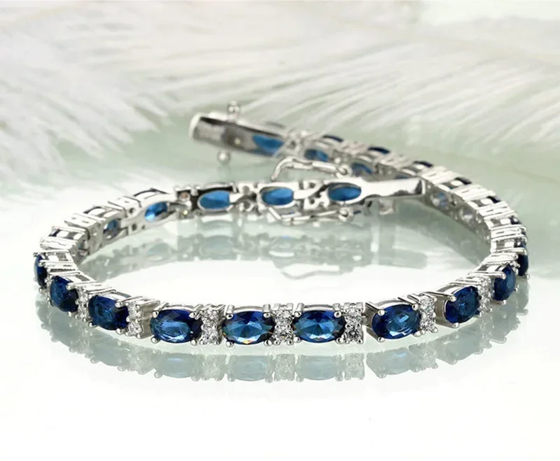 TFGLBU New Sparkling Sapphire Bracelet for Women Elegant Shine Gem Solid 925 Silver Bangle Wedding Birthday Jewelry Wholesale