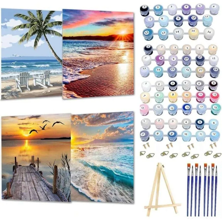 WUDWL Paint By Numbers Kit For Adults Framed Canvas, 4 Pack With Wooden Easel, Paint By Numbers For Ages 8-12, Beach DIY Acryli