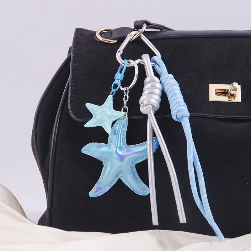 Starfish Laser Print Bag Charm Pentagram Woven Rope Key Chain Pendant Purse/Handbag Hanging Decor Lanyard DIY Accessories