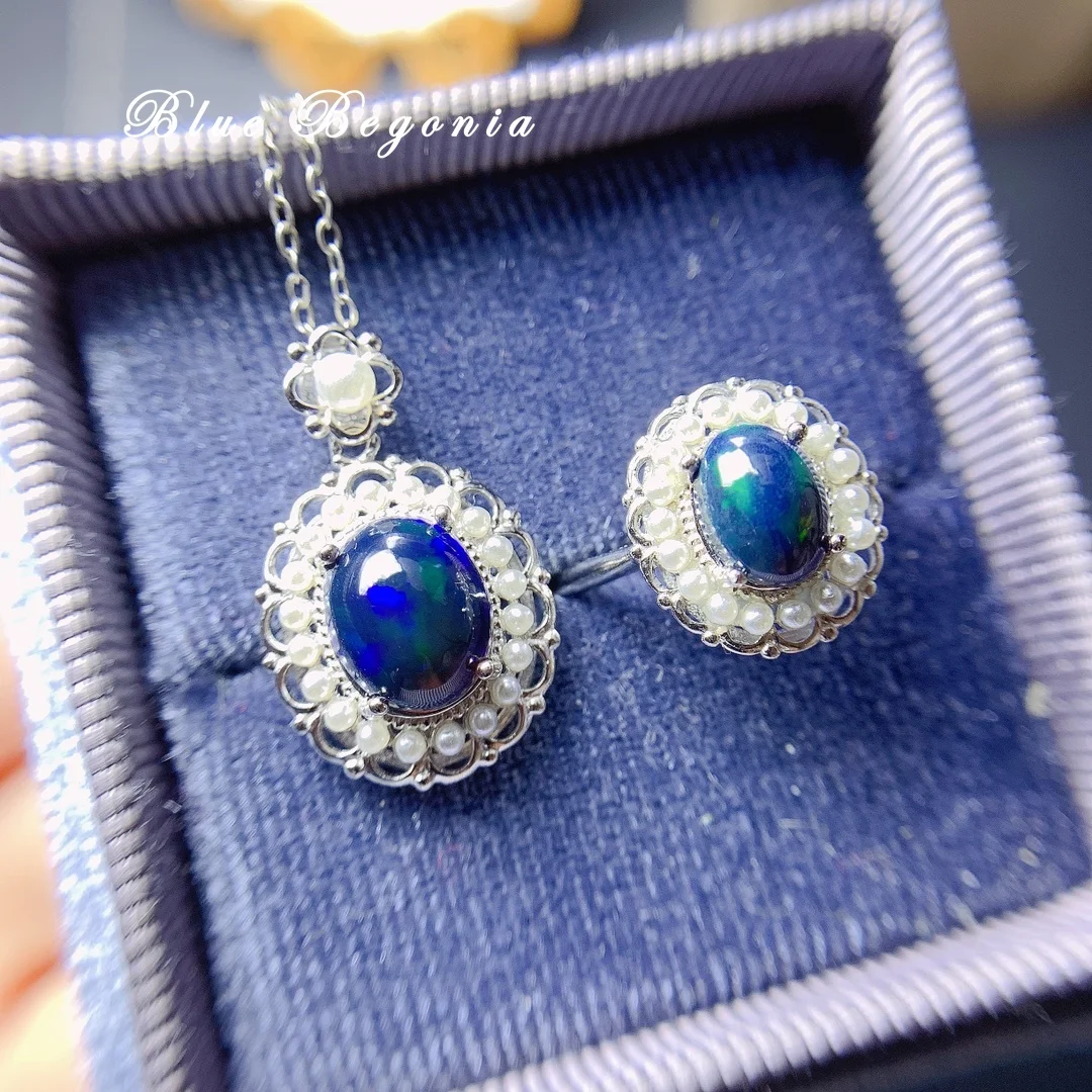 

Natural Opal Set 6*8mm Ring 8*10mm Pendant 925 Sterling Silver Gemstone Jewelry for Women Wedding Engagement Gift