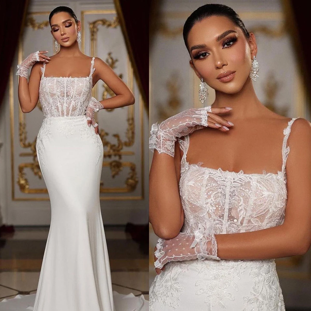 Abito da sposa a sirena di lusso con spalline senza maniche in pizzo con applicazioni floreali abiti da sposa con perline su misura Vestido de novia