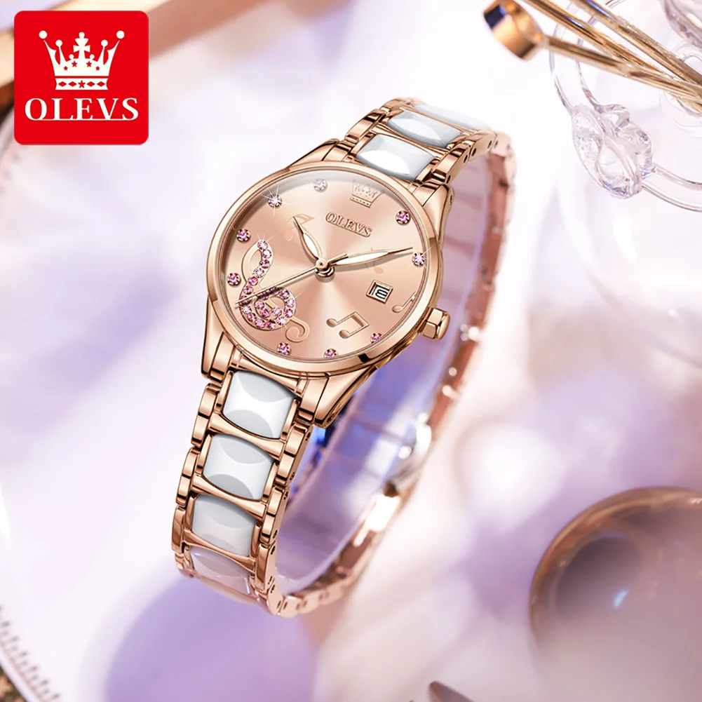 OLEVS 3605 Women's Watch Luxury Ceramic Rose Gold Waterproof Strap Brand Quartz Women's Watch Original Fashion Bracelet Set