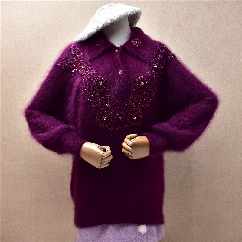 Women Mujer Autumn Winter Vintage Purple Embroidery Angora Rabbit Hair Knitted Turn-Down Neck Loose Pullover Sweater Jumper Top