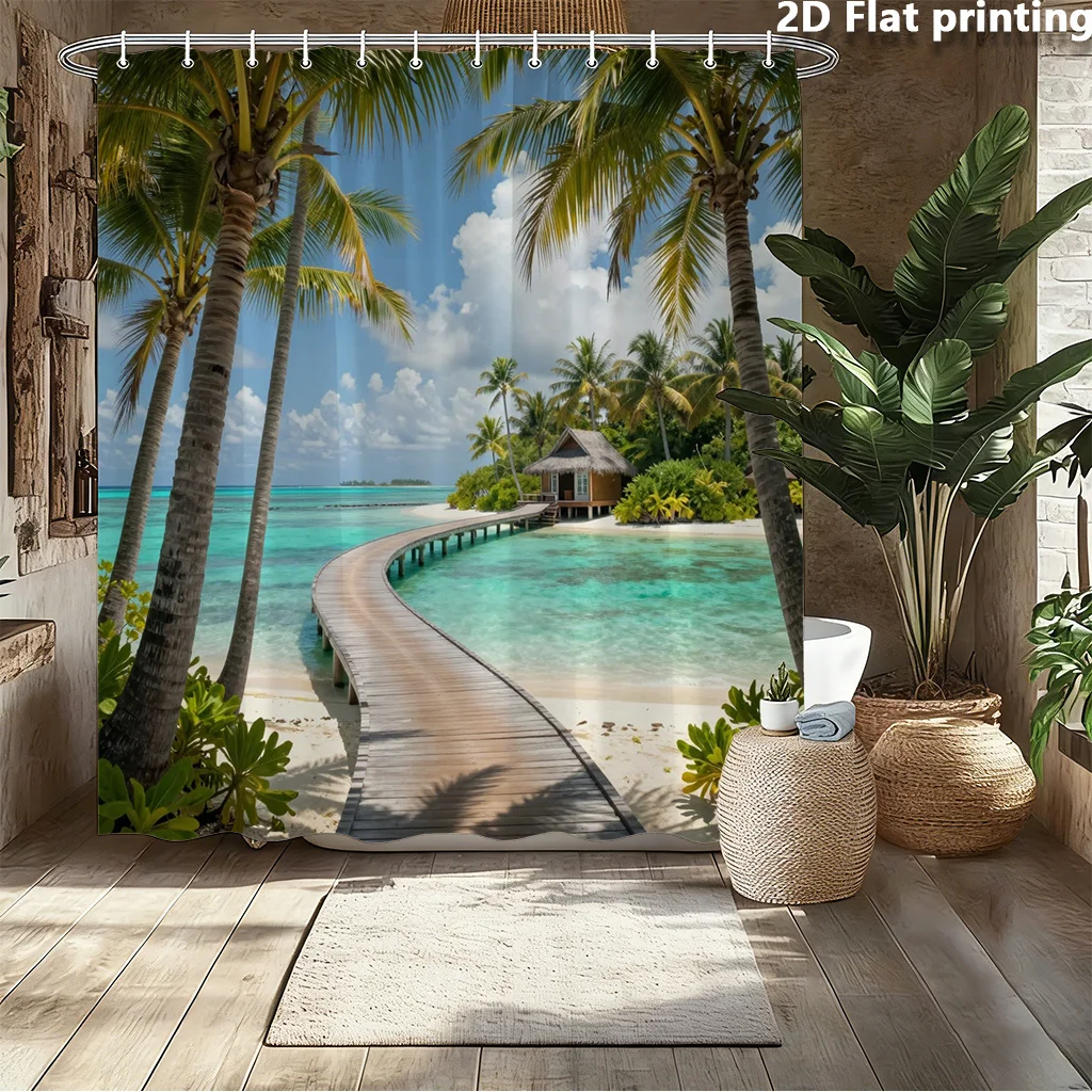 2D Flat, 2D Flat, 1pc 2D Flat-Printed Shower Curtain Showcasing a Tropical Beach with Palm Trees, a Wooden Path, And a Thatched