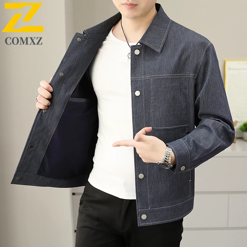 COMXZ 2025 Mens Jackets Casual Hiking Topstitch Workwear Windproof Jacket Premium Turndown Collar Loose Fit Lightweight Coat​