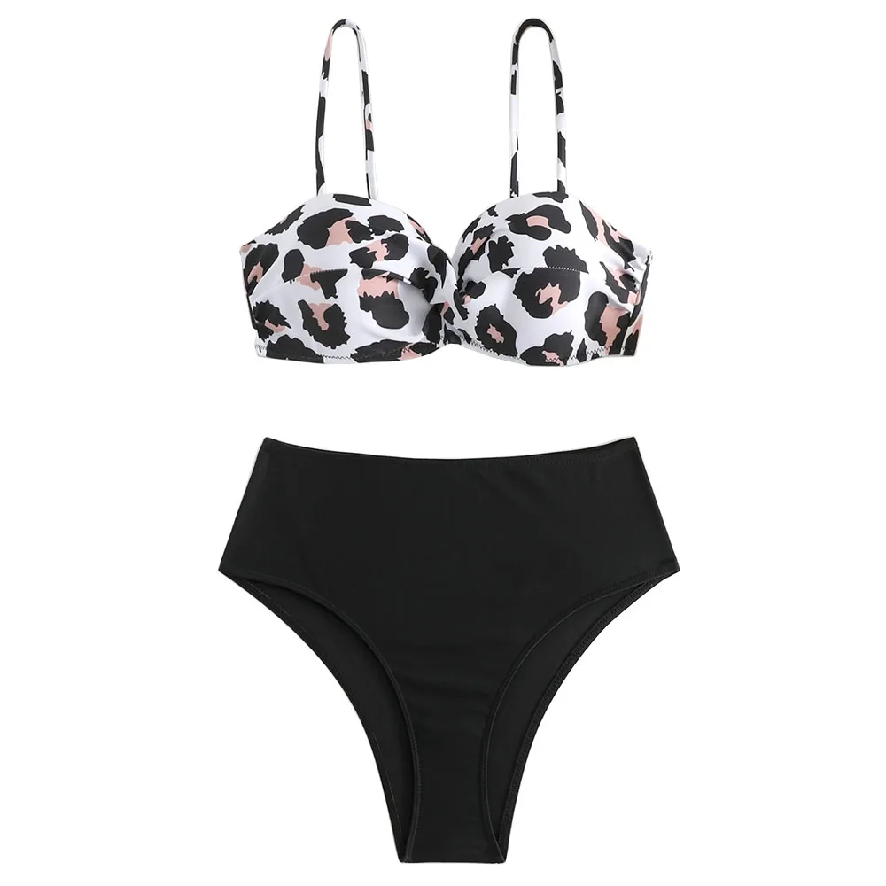 Two Pieces Bikini Set Leopard Print Swimsuits Twist Front Top & High Waist Panty Swimwear Women Bikini  Summer Beachwear XL