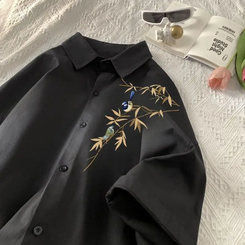 

Рубашка свободного кроя из ледяного шелка и полиэстера с бамбуковым узором, с коротким рукавом, для мужчин и женщин, летняя, повседневная, удобная, дышащая