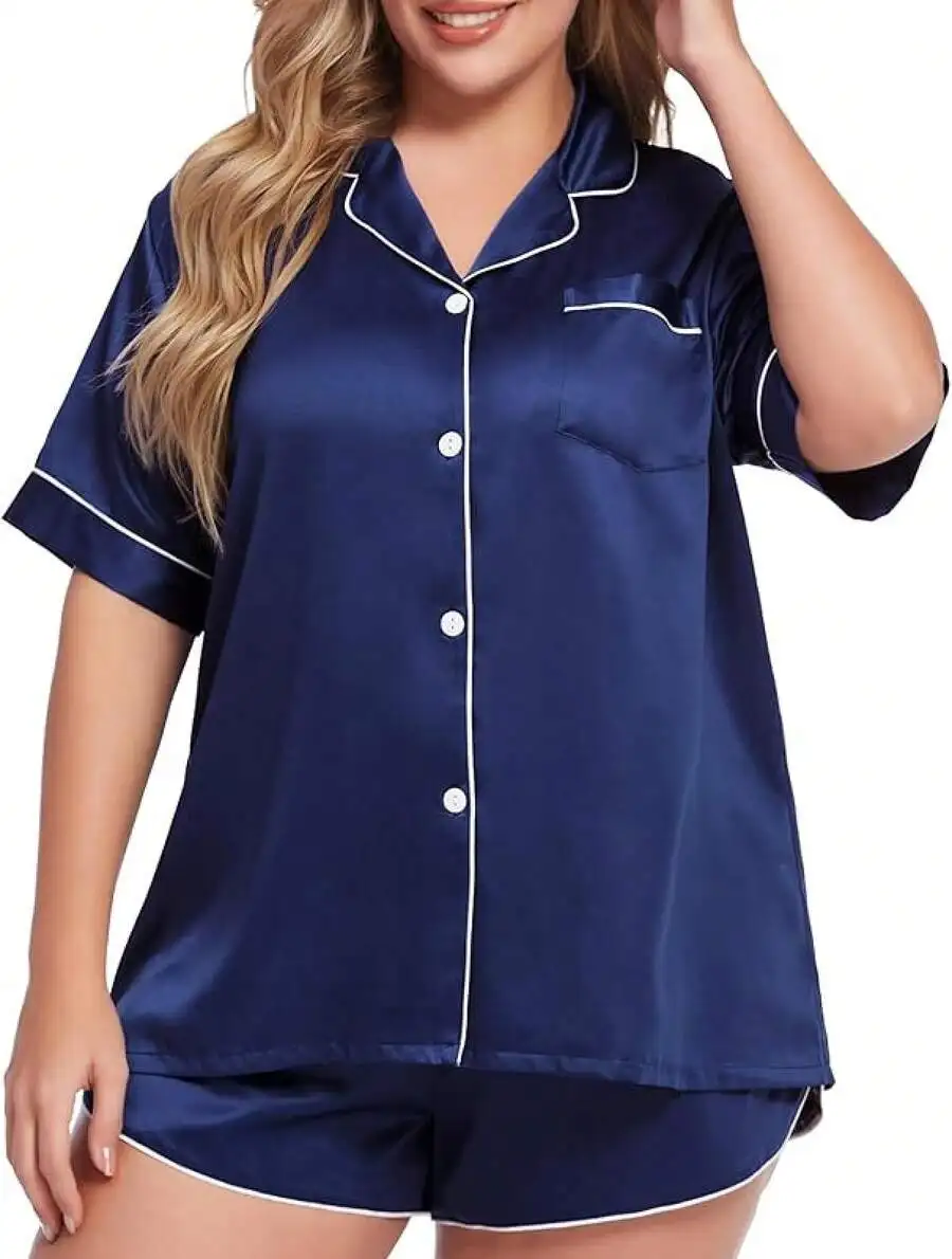 Women Plus Size Satin Pajama Set Short Sleeve Button Down Sleepwear Two Piece Loungewear