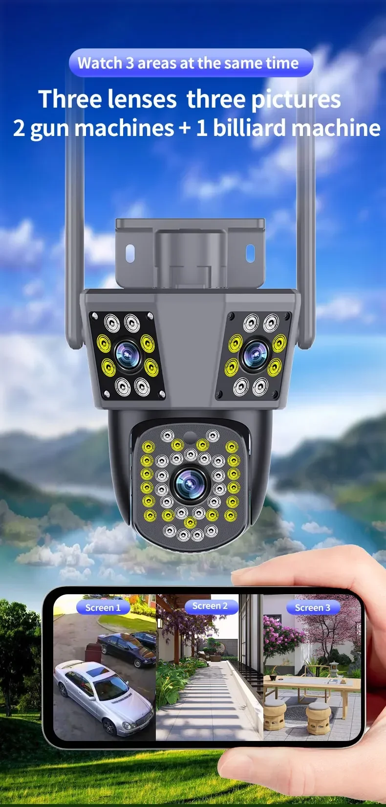 

12MP 6K HD WiFi Outdoor PTZ Camera with Triple Lens, 10X Zoom, Home Security & Surveillance, Triple Screen Display