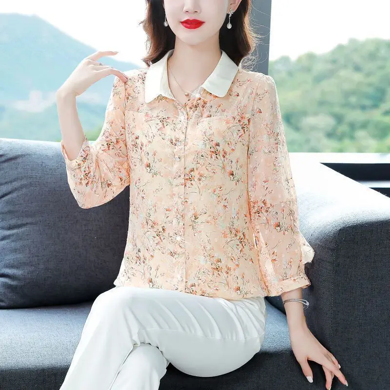 2024 New Spring and Autumn Korean Commuting Minimalist Fashion Versatile Chic Blouses Lapel Print Panel Button Women\'s Shirt Top