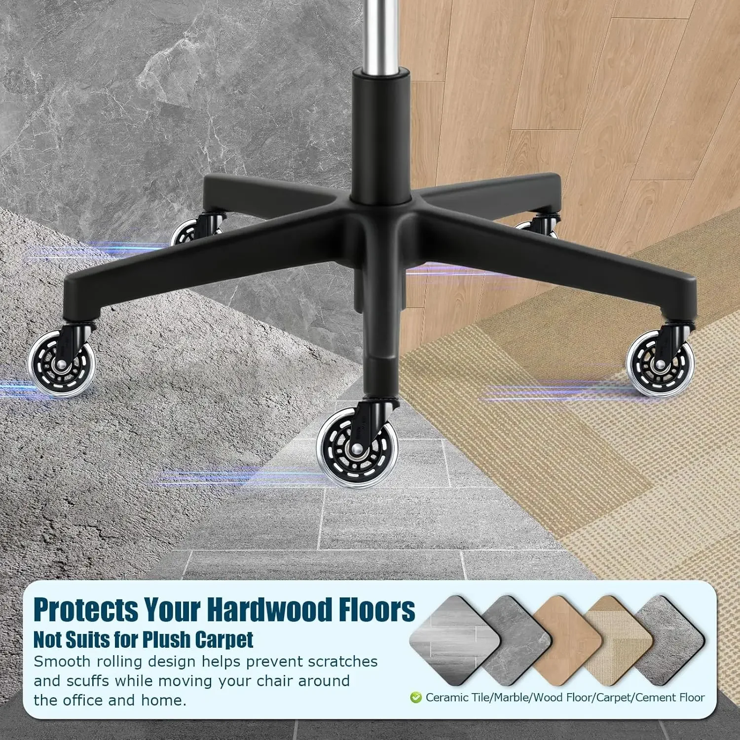 3 Inch Office Chair Wheels Set of 5,  Casters 880LBS Load Bearing, Universal 11mm Stem Replacement, Smooth Glide Floor Protectin