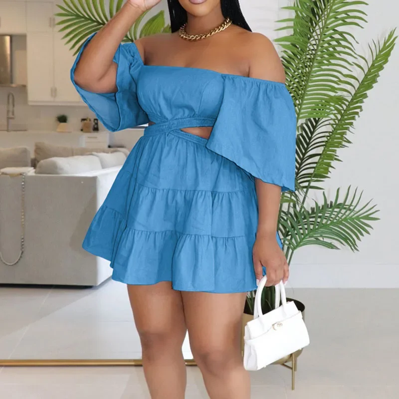 Sexy Off the Shoulder A-line Summer Dress Women 2024 Cut Out Short Sleeve Ruffles Holiday Party Club Mini Dress Vestito Donna